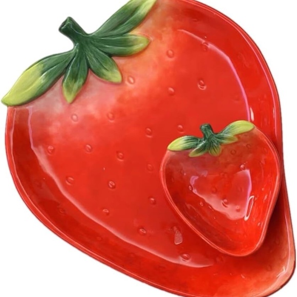 Red Strawberry Shaped Plate And Dip Bowl - Picture 1 of 3